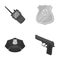 Radio, police officer s badge, uniform cap, pistol.Police set collection icons in monochrome style vector symbol stock