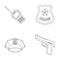 Radio, police officer s badge, uniform cap, pistol. Police set collection icons in outline style vector symbol stock