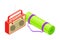 Radio Receiver and Rolled Mat at Picnic Equipment Isometric Vector Illustration