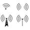 Radio signals waves and light rays, radar, wifi, antenna and satellite signal symbols handdrawn doodle style vector