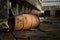 Radioactive warning on old rusty barrel