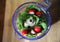 Radish in bowl blender, top view. Preparation of smoothies