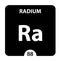 Radium symbol. Sign Radium with atomic number and atomic weight. Ra Chemical element of the periodic table on a glossy white