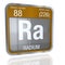 Radium symbol in square shape with metallic border and transparent background with reflection on the floor. 3D render