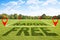 Radon free: land free from the natural dangerous radioactive gas that comes from the earth - concept with text over a green mowed