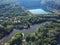 Radon lake near the Southern Bug river on a sunny summer day. Picturesque landscape from a bird`s eye view. Flooded granite quarr