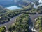 Radon lake near the Southern Bug river on a sunny summer day. Picturesque landscape from a bird`s eye view. Flooded granite quarr