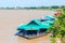 Raft Float Food shop on Mekong River with blue sky background at