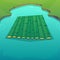 A raft on a lake made of bamboo wood. camping into the wild forest pond fishing shore with blue water and green grass field meadow