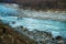 Rafting : boat moving on quiet  river section-river Beas . next to Kullu town in Himachal Pradesh