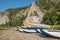 Rafting catamarans near by river Belaya against scenery rock on the background