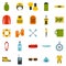 Rafting kayak water canoe icons set, flat style