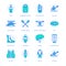 Rafting, kayaking flat line icons. Vector illustration of water sport equipment - river raft, kayak, canoe, paddles