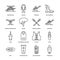 Rafting, kayaking flat line icons. Vector illustration of water sport equipment - river raft, kayak, canoe, paddles