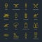 Rafting, kayaking flat line icons. Vector illustration of water sport equipment - river raft, kayak, canoe, paddles