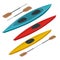 Rafting and kayaking icons collection. Isometric plastic kayak water recreational, touring or travel transport. Flat 3d