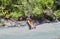 Rafting in a river of Huesca, Spain. Group of tourists in the inflatable raft