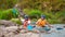 Rafting trip. Two rowers are rafting down the river in a rubber inflatable boat