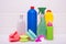 Rag and sponges, scattered powder and liquids for cleaning and disinfection, at home