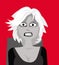 Rage. Angry woman. Portrait of outraged blonde woman on red background.