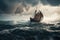 raging storm on the open sea, with viking ship battling waves