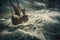 raging storm on the open sea, with viking ship battling waves