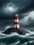 Raging storm waves red lighthouse guides through tempestuous waters. Generated AI