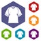 Raglan tshirt icons set hexagon