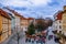 RAGUE, CZECH REPUBLIC - DECEMBER 22, 2015: Wooden stands offering souvenirs and traditional food during Christmas market