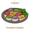 Rahat lokum, sherbet, nuts, pistachios. Assorted traditional turkish desserts. Turkish cuisine. Vector illustration