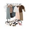 Rail with everyday fashionable things: clothes and shoes. Minimalistic capsule wardrobe in muted shades. Spring-summer clothing