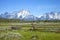 Rail fence in field below Grand Teton mountain ran