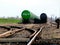 Rail yard in diminishing perspective with tanker rail cars