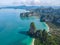 Railay beach Krabi Thailand, tropical beach of Railay Krabi, Drone aerial view of Panoramic view of idyllic Railay Beach