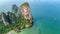 Railay beach in Thailand, Krabi province, aerial bird`s view of tropical Railay and Pranang beaches with rocks and palm trees