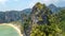 Railay beach in Thailand, Krabi province, aerial bird`s view of tropical Railay and Pranang beaches with rocks and palm trees