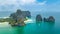 Railay beach in Thailand, Krabi province, aerial bird`s view of tropical Railay and Pranang beaches with rocks and palm trees