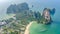 Railay beach in Thailand, Krabi province, aerial bird`s view of tropical Railay and Pranang beaches with rocks and palm trees