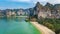 Railay beach in Thailand, Krabi province, aerial bird`s view of tropical Railay and Pranang beaches with rocks and palm trees