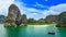 Railay beach in Thailand, Krabi province, aerial view of tropical Railay and Pranang beaches and coastline of Andaman sea