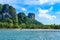 Railay West Beach with beautiful rock formation and landscape scenery in Krabi province - tropical coast with paradise beaches -