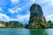 Railay West Beach with beautiful rock formation and landscape scenery in Krabi province - tropical coast with paradise beaches -