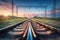 Railroad and beautiful sky at sunset with motion blur effect