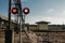 Railroad crossing, flashing traffic light