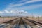 Railroad crossing gates on a road in the Mojave Desert