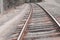 railroad crossing. rail close-up. have toning. the horizon is not even