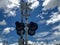 Railroad crossing signal lights and sign