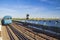 Railroad and metro wagon urbanistic landscape. No people. Perspective view