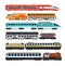 Railroad passenger trains and carriages. Flat vector railway transport set