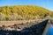 Railroad perspective with autumn background.